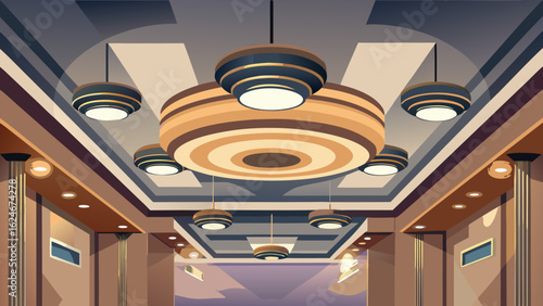 Vector art of elegant interior hallway with ornate ceiling lights and symmetrical design, creating a luxurious and inviting atmosphere for guests