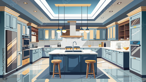 Vector art of a modern, spacious, and bright kitchen interior with blue cabinets, a central island, and elegant lighting, perfect for cooking and entertaining