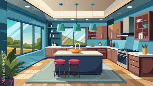 Vector art of a stylish contemporary kitchen featuring rich wood cabinetry, a central island with seating, and large windows overlooking a scenic landscape, exuding warmth and elegance