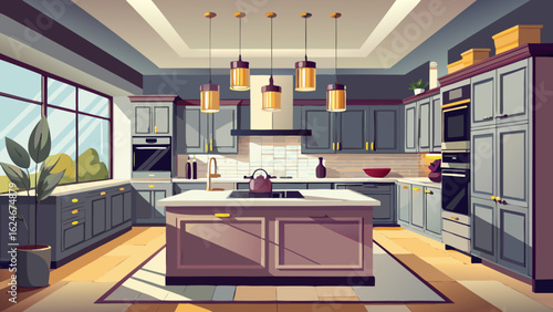 Vector art of an inviting modern kitchen with sophisticated grey cabinetry, a prominent island with stylish seating, and warm pendant lights, offering a blend of comfort and highend design