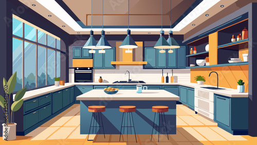 Vector art of modern blue kitchen interior with island, cabinets, countertops, sink, faucet, stove, oven, microwave, refrigerator, and pendant lighting, featuring large windows and a plant
