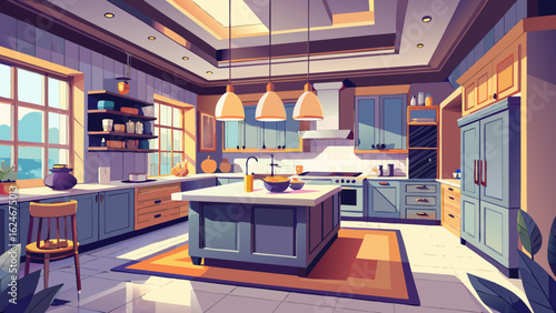 Vector art of a spacious and welllit kitchen featuring an island, blue and wood cabinets, and pendant lights, creating a welcoming atmosphere