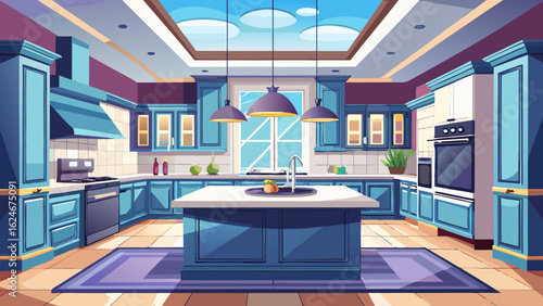 Vector art of stylish blue kitchen interior with island, cabinets, countertops, sink, faucet, stove, oven, microwave, refrigerator, and pendant lighting, featuring a skylight and a plant