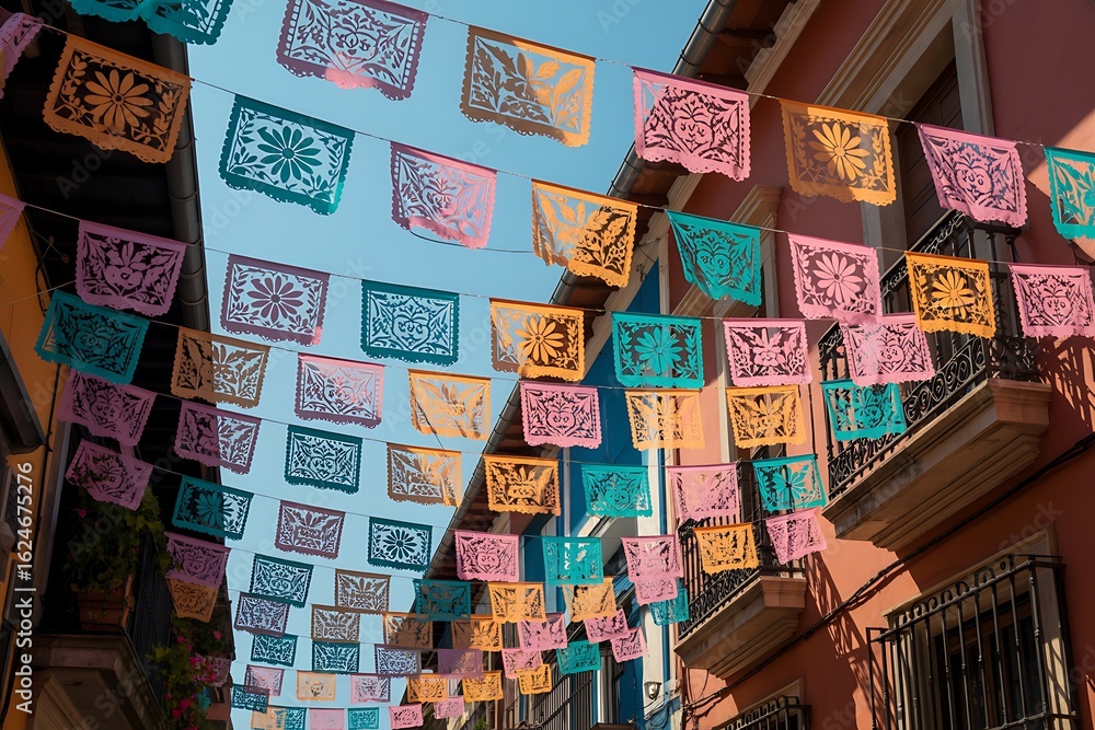 Obraz premium Vibrant Mexican papel picado banners create a festive, bright atmosphere for celebrations and cultural events