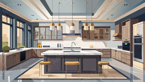 Vector art of an elegant and sophisticated kitchen interior with a marbletopped island, wooden cabinetry, and large windows, showcasing a blend of modern design and comfortable living