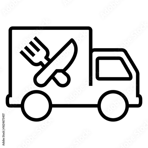 Logo Food truck. Comida rápida. Icono con vehículo con tenedor y cuchillo cruzados con líneas 