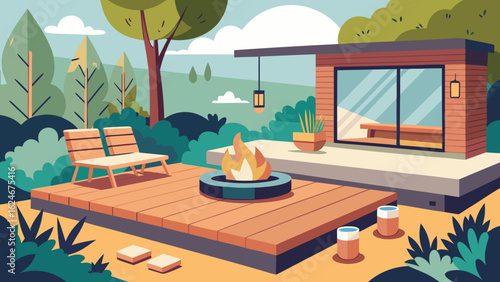 Vector art of modern backyard patio with a fire pit and outdoor living space, featuring deck, furniture, and lush greenery, perfect for relaxation and summer evenings