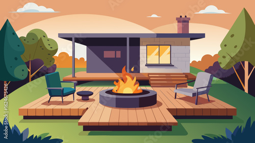 Vector art of modern backyard patio with a central fire pit, comfortable chairs, and a sleek house design, set against a backdrop of trees and a warm sunset