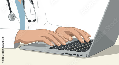 Minimalist flat vector doctor typing medical report