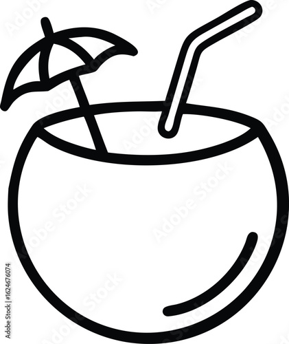 Coconut drink with straw and umbrella: A minimalist drawing showcases a refreshing coconut drink, complete with a straw and tiny umbrella, inviting viewers to a tranquil beach vibe and relaxation.