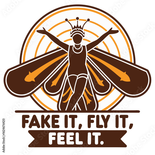 Woman with butterfly wings expressing confidence in creative design