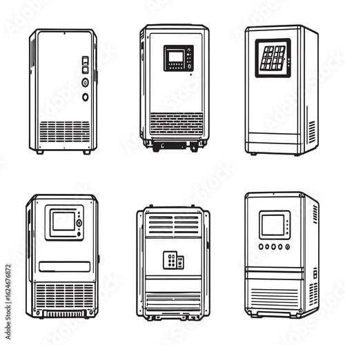 minimalist solar inverter outline icon with energy symbols.eps