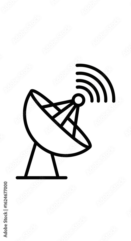 Satellite Dish Icon: Bold Black Outline, Receiving Signal Waves Satellite Dish Icon: Bold Black Outline, Receiving Signal Waves