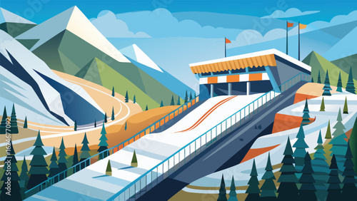 A bridge arcs gracefully over the tranquil river, an architectural marvel connecting the city to the majestic mountain landscape under a vast sky, inviting summer travel