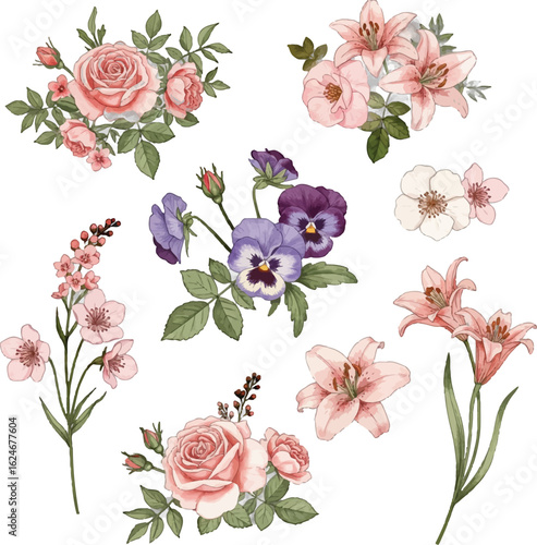 Watercolor floral set featuring roses, lilies, pansies, and cherry blossoms in a delicate and artistic arrangement for design projects