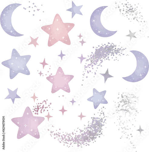 Watercolor Celestial Pattern with Moons, Stars, and Sparkles in Soft Pastel Colors for Dreamy Designs and Illustrations
