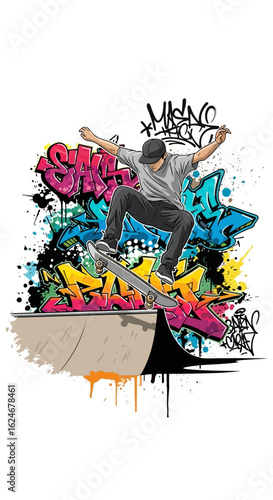 Skateboarder Performing a Trick with Graffiti Art Background, Vector Illustration.