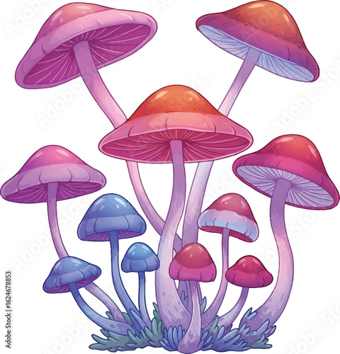 Colorful mushroom cluster illustration with whimsical caps and stems, creating a fantasy forest scene with light purple and blue hues