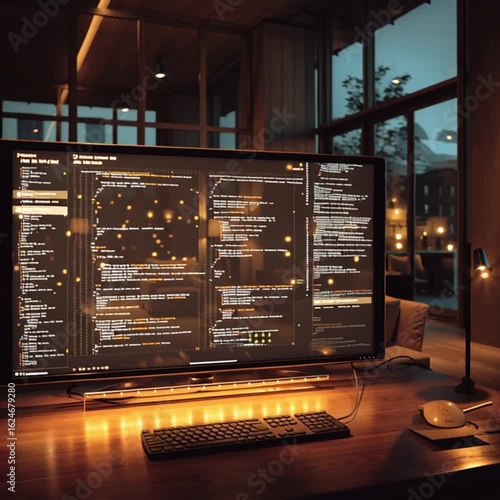 Evening City View From Modern Workspace With Illuminated Monitor Displaying Code