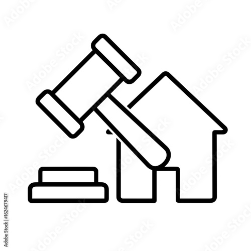 House with auction gavel symbolizing foreclosure and forced property sale (Outline icon)