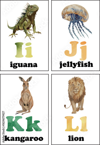 Vector card with English letters I-L and animals for each letter. Great for classroom decor, homeschooling, and printable activities.
