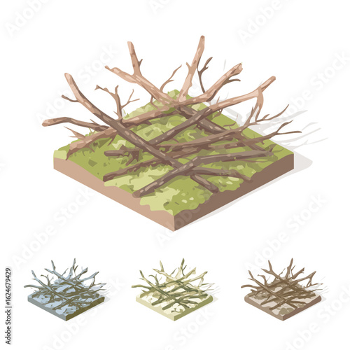 Christmas dry twigs and forest moss set in an isometric flat 2D style — transparent background, minimal clean look, cute cartoon vector illustration by me.