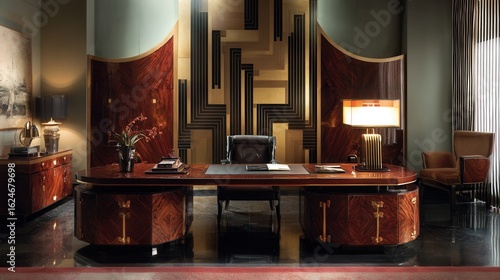 art deco office, high-gloss wood, bold geometric patterns, vintage desk, deco lamp
