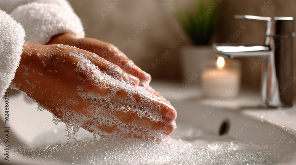 Fototapeta premium Hands covered in soapy bubbles rinse under a silver faucet in a bathroom