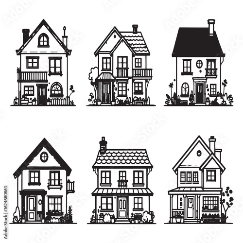 modern single family home line art vector drawing.eps