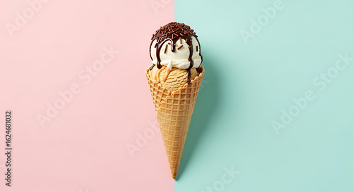 Wallpaper Mural An ice cream cone with two scoops, topped with chocolate sauce and sprinkles on a split pastel background. Torontodigital.ca
