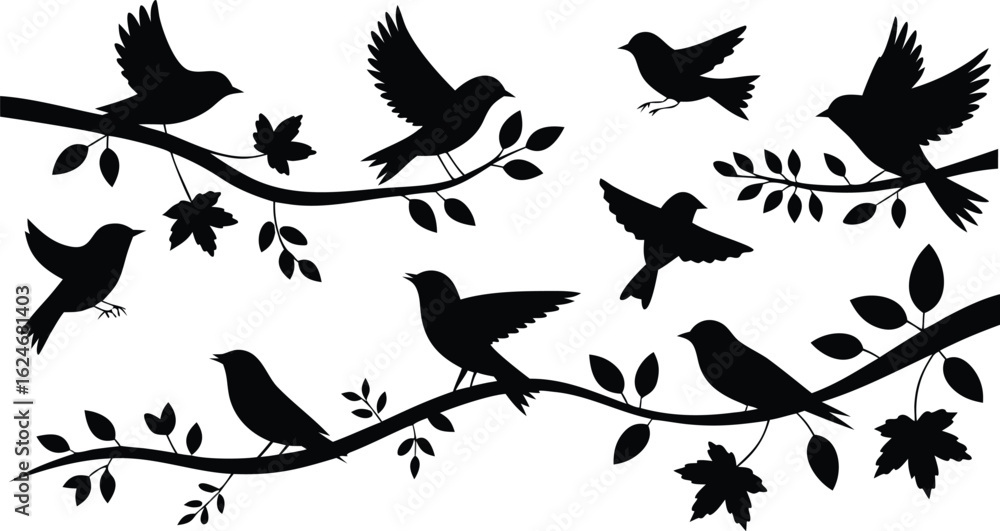 Fototapeta premium Elegant Bird Silhouettes on Tree Branches with Leaves, Nature Illustration Design