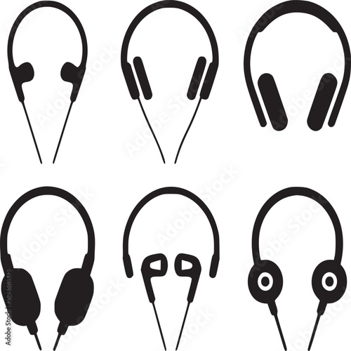Vector art of black and white headphone and earphone icons representing audio devices for listening to music isolated on white background
