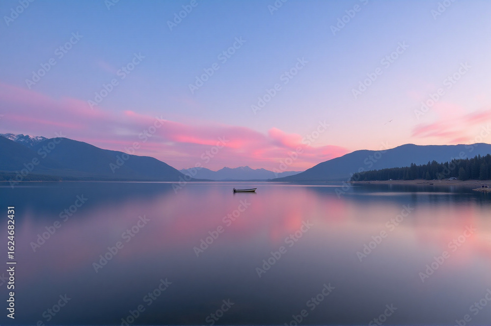 Fototapeta premium A lone boat floats on a calm lake during twilight.