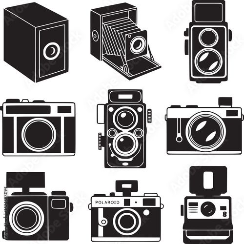 Vector art of collection of vintage cameras isolated on white background, showcasing retro photography equipment and classic photographic style