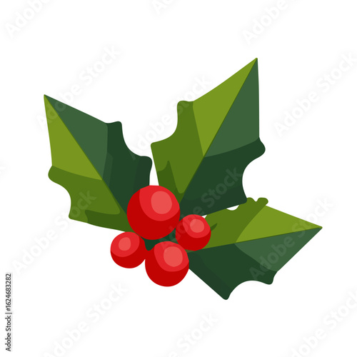 A flat 2D isometric vector illustration of a holly leaves and red berries, clean minimal design, transparent background — animated-style look, designed by me. holly berry icon