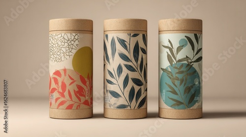 sustainable tea packaging with recycled paper tubes, minimal organic patterns 