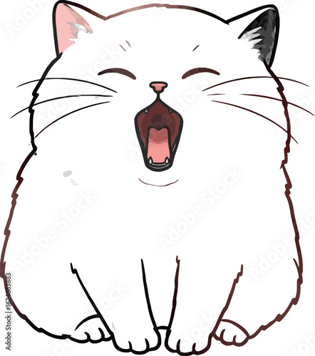 Adorable chubby white cat yawning widely with eyes closed, showing pink tongue and dark teeth, creating a charming and expressive illustration
