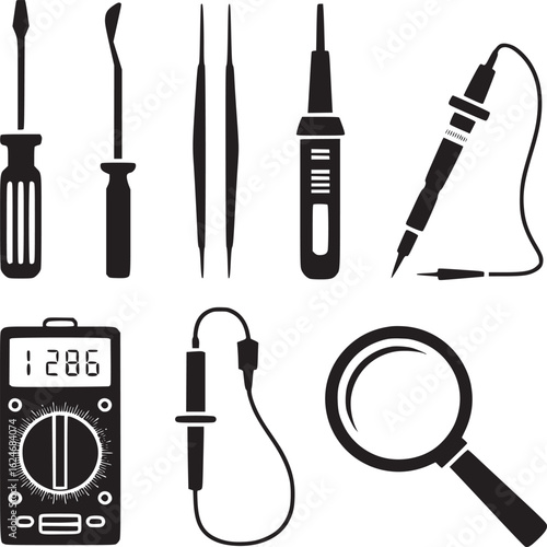 Vector art of collection of tools and instruments for electronics repair and measurement isolated on white background