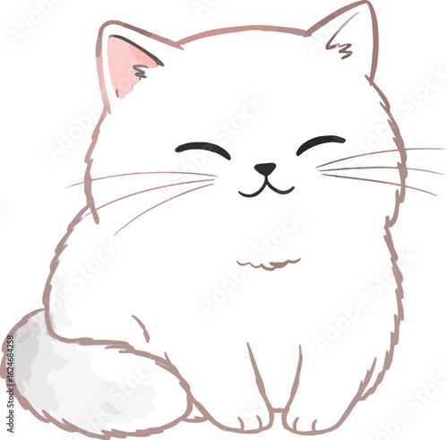 Adorable fluffy white kitten with closed eyes sits calmly, radiating peace and happiness, a charming vector illustration of a cute kitty