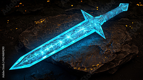 Glowing Ice Sword Resting on Stone Fantasy Weapon Concept Art