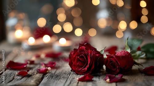 Image of two red roses laying on a wooden table surrounded by scattered petals and softly glowing candle bokeh lights in the background.