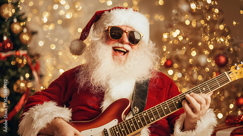 Cool Santa Claus playing electric guitar with sunglasses and Christmas lights