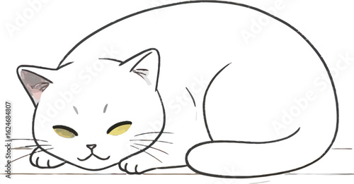 Adorable white cat curled up and resting peacefully with closed eyes, a cute and charming vector illustration suitable for various designs and creative projects