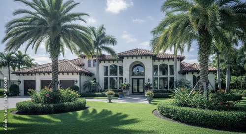 Luxurious mansion with palm trees and manicured lawn under bright sky