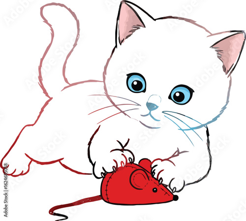 Playful Kitten Illustration with Blue Eyes Catching a Red Toy Mouse, Cute Feline Artwork for Children and Pet Lovers