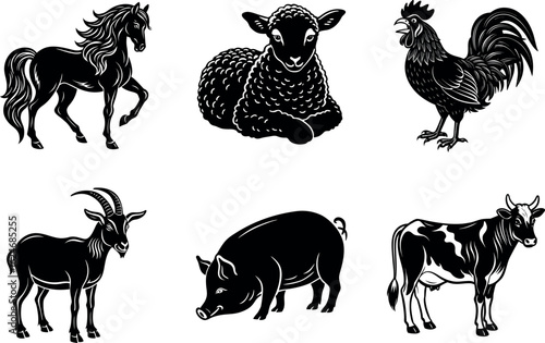 Farm animal silhouettes including horse lamb rooster goat pig cow silhouetyte vector colection