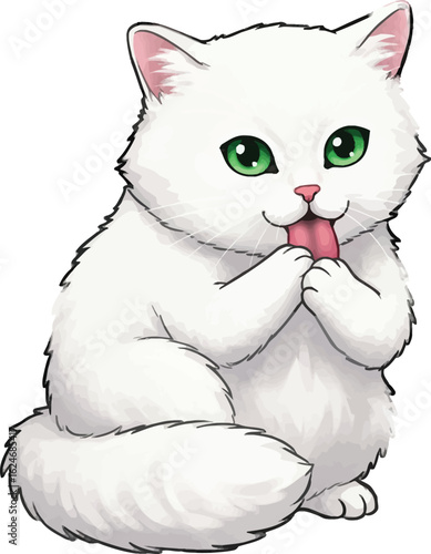 Adorable white cartoon cat with green eyes playfully licking its paw in a charming illustration with a soft and fluffy appearance