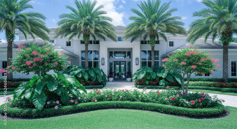 Naklejka premium Luxury home entrance w/ manicured garden, palms, and symmetrical architecture