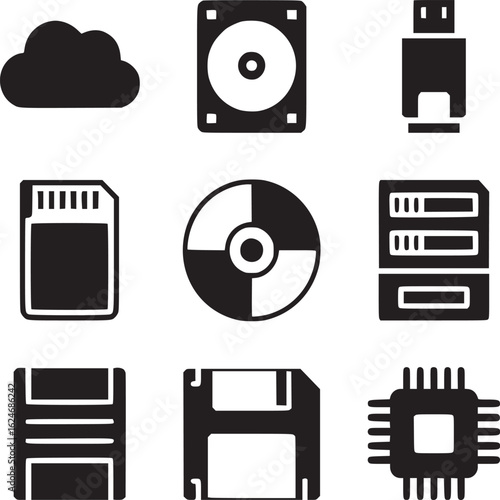 Vector art of collection of data storage icons isolated on white background, including cloud, hard drive, usb flash drive, and memory card