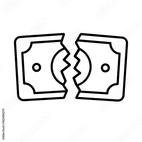 Torn banknote symbolizing currency devaluation and financial instability (Outline icon)